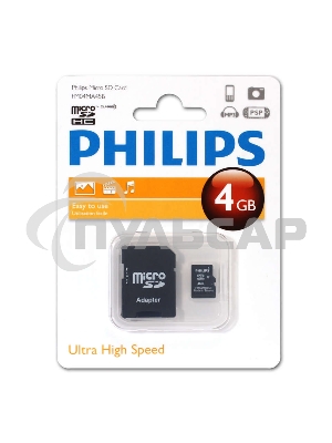 Флеш карта microSD 4Gb PHILIPS microSDHC Class 10 (SD адаптер)