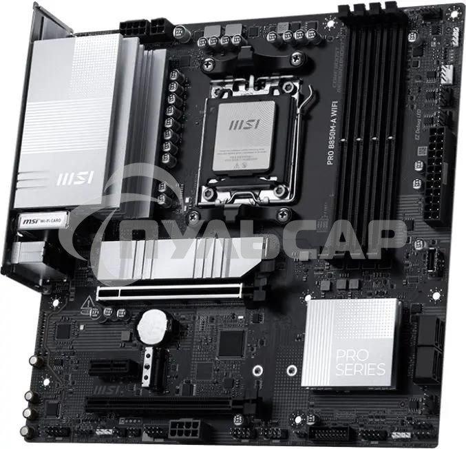 Материнская плата MSI PRO B850M-A WIFI, AM5, AMD B850, 4xDDR5, 4xSATA, 2xM.2, 1xPCIe 5.0 x16, 1xPCIe 4.0 x4, 1xPCIe 3.0 x1, 1xHDMI (v2.1), 1xDP (v1.4), 1x5Gb LAN, Wi-Fi 7, Bluetooth 5.4, 2xUSB-C 10Gbps, 3xUSB-A 10Gbps, 3xUSB-A 5Gbps, 2x3.5 мм, 7.1, mATX