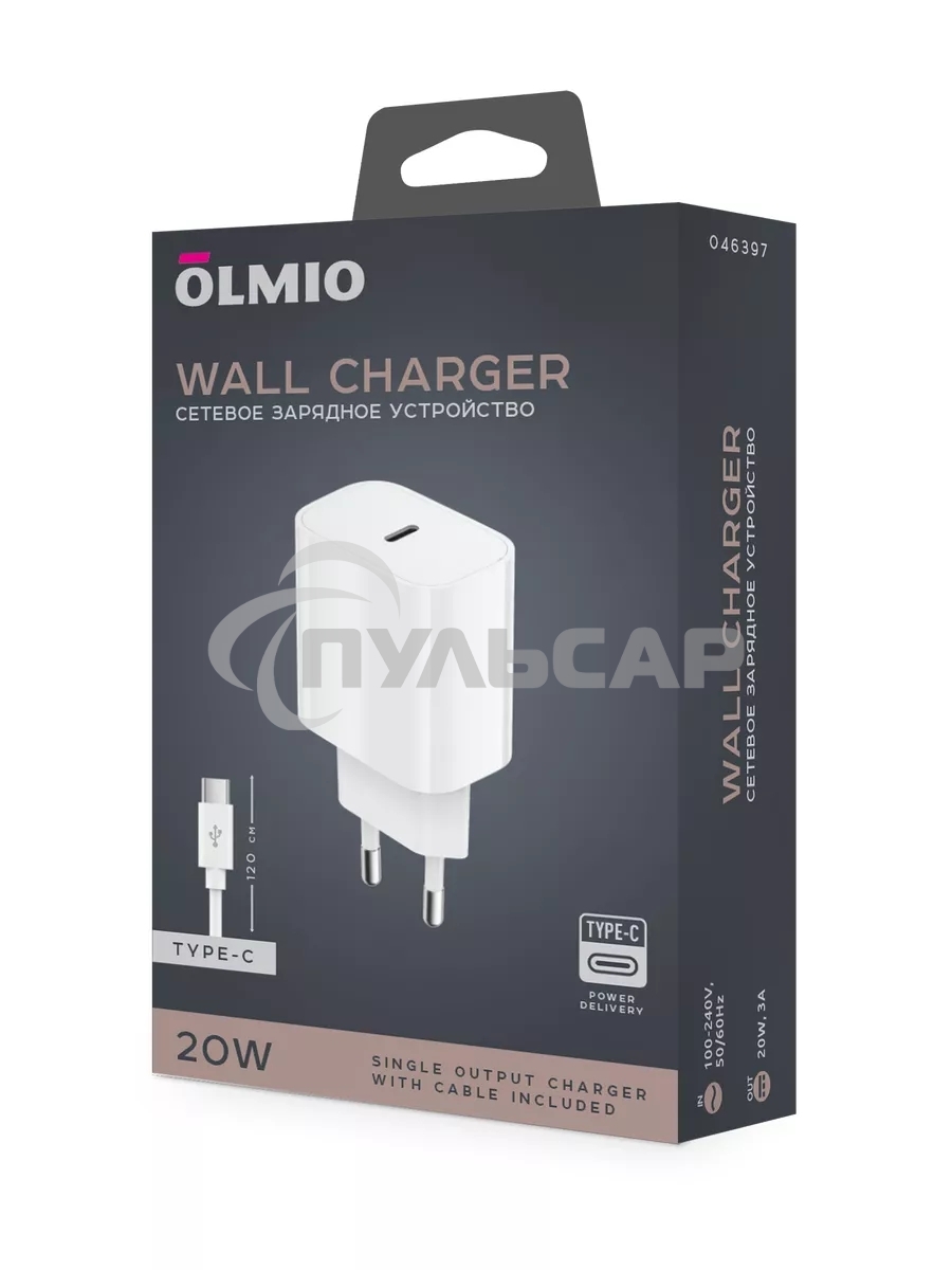 Сетевое зарядное устройство OLMIO Type-C 20W PD 3A PPS, + кабель Type-C 1.2м, белое