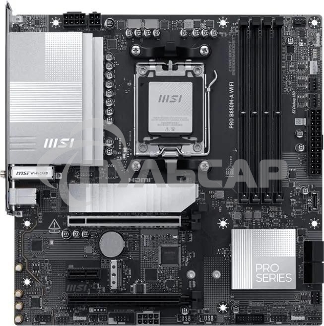 Материнская плата MSI PRO B850M-A WIFI, AM5, AMD B850, 4xDDR5, 4xSATA, 2xM.2, 1xPCIe 5.0 x16, 1xPCIe 4.0 x4, 1xPCIe 3.0 x1, 1xHDMI (v2.1), 1xDP (v1.4), 1x5Gb LAN, Wi-Fi 7, Bluetooth 5.4, 2xUSB-C 10Gbps, 3xUSB-A 10Gbps, 3xUSB-A 5Gbps, 2x3.5 мм, 7.1, mATX