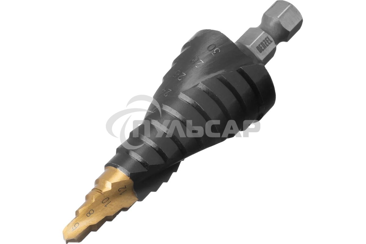 Сверло ступенчатое Denzel 6-8-10-12-14-16-18-20-22-24-26-28-30мм, Р6М5, 6-гр. хвостовик 723604