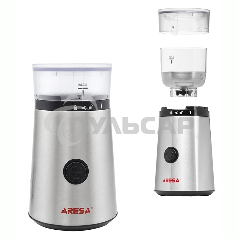 Кофемолка ARESA AR-3605 220-240В 50Гц 300Вт Вместимость контейнера для зерен 65 г. Корпус из металла, прозрачная крышка Импульсный режим работы Нож из нержавеющий стали Защита от случайного включения Возможность помола специй, орехов и сухофруктов