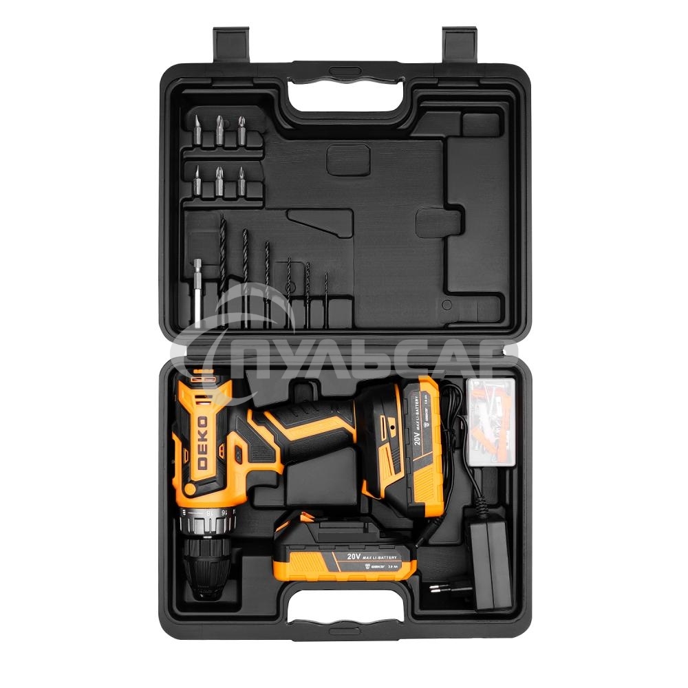 Дрель-шуруповерт Deko GCD20DU PRO, Аккумуляторная, 20В, 2 АКБ, Кейс в кейсе + набор 63 инструмента для дома