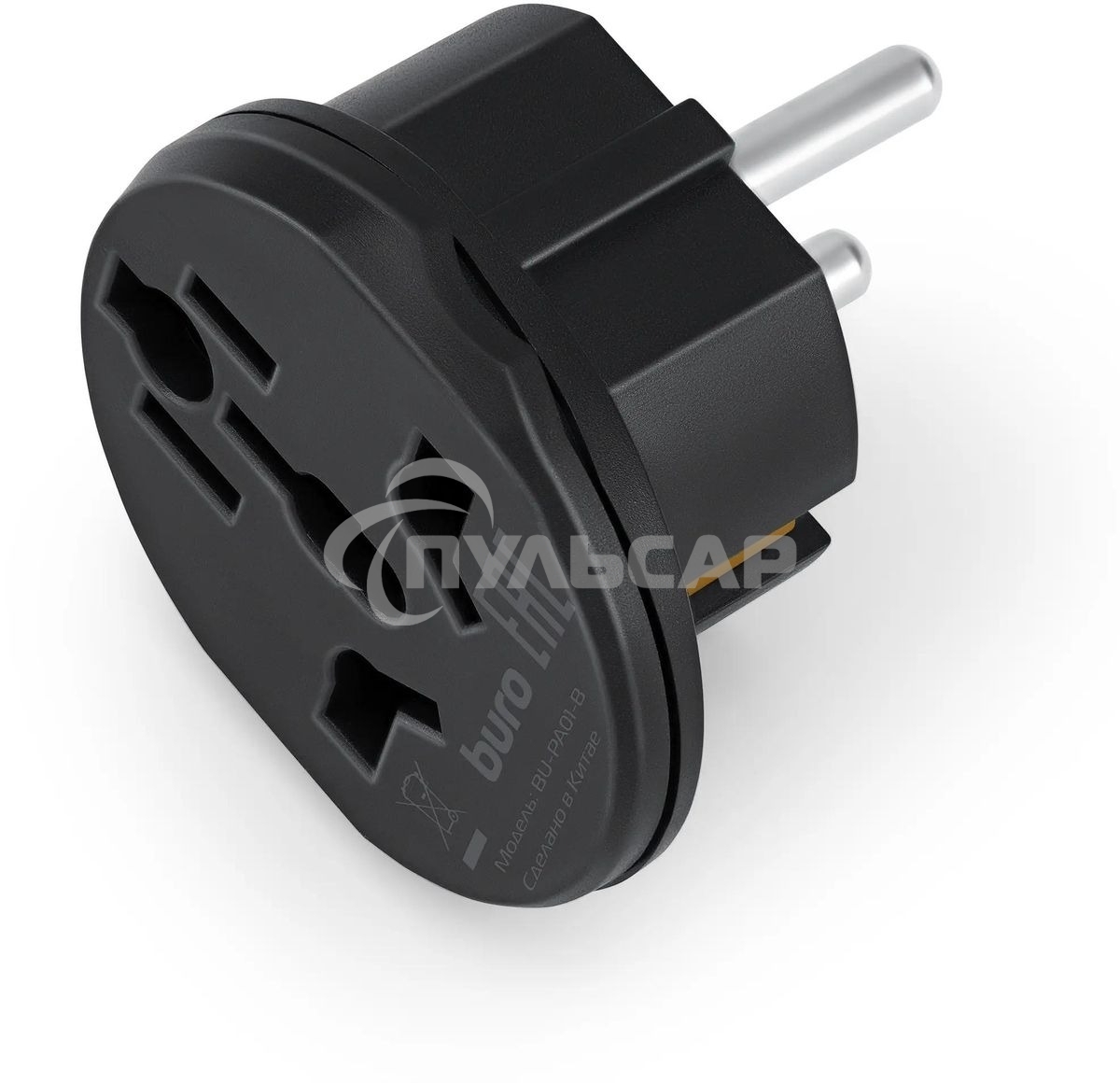 Адаптер-переходник Buro BU-PA01-B, 1 розетка, черный (пакет ПЭ)