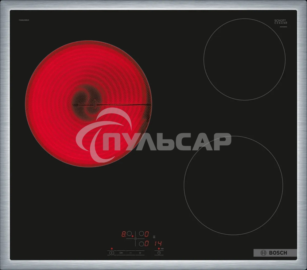 Электрическая варочная панель Bosch PKM645BB2E, стеклокерамическая поверхность, независимая, рамка-сталь, черный 4.8x58.3x51.3