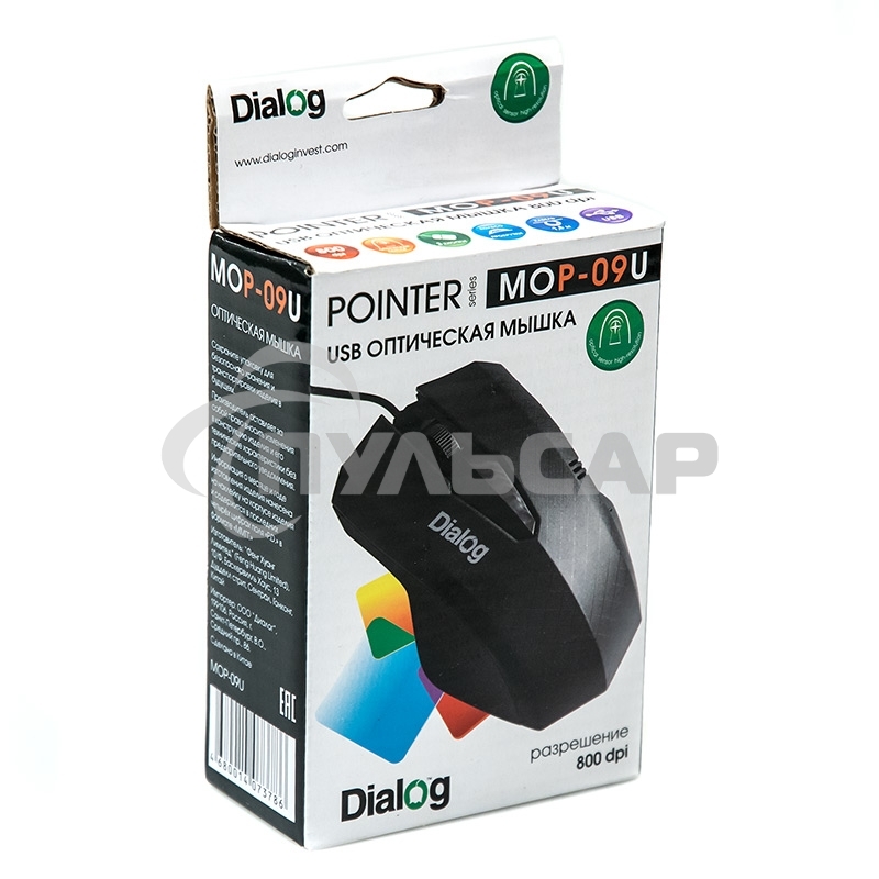 Мышь проводная Dialog Pointer MOP-09U черный, 800 dpi, USB, кнопки - 3