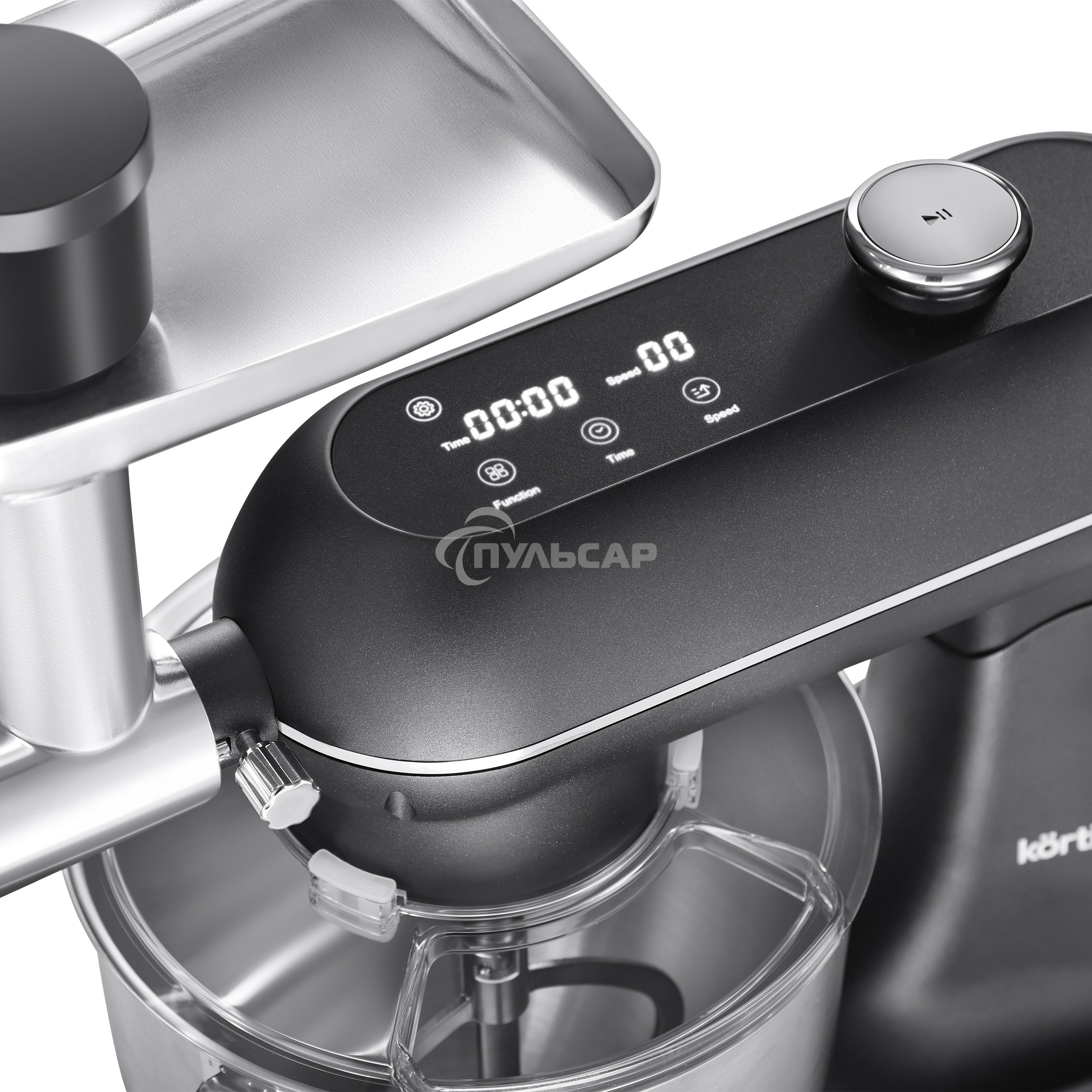 Кухонная машина KORTING KKM 0107 MB N, мощность 1500 Вт, 5 насадок, объем чаши 6.5 л, сенсорный дисплей/механическое управление, планетарное вращение, 11 скоростей, турборежим, импульсный режим, таймер, насадка для смешивания/крюк для теста/веничк/мясоруб