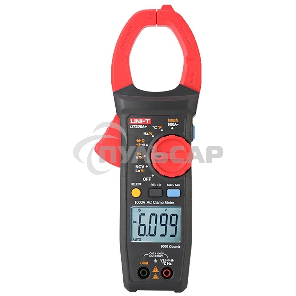 Токоизмерительные клещи UT205A+ Напряжение постоянного/переменного тока (1000 В); переменный ток (1000А); Сопротивление (40 МОм); Емкость (40 мФ); Частота (10 МГц); Отверстие челюсти 42 мм