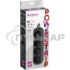 Удлинитель Defender M450 черный, 5 м, EURO, 4 розетки, 2200 Вт