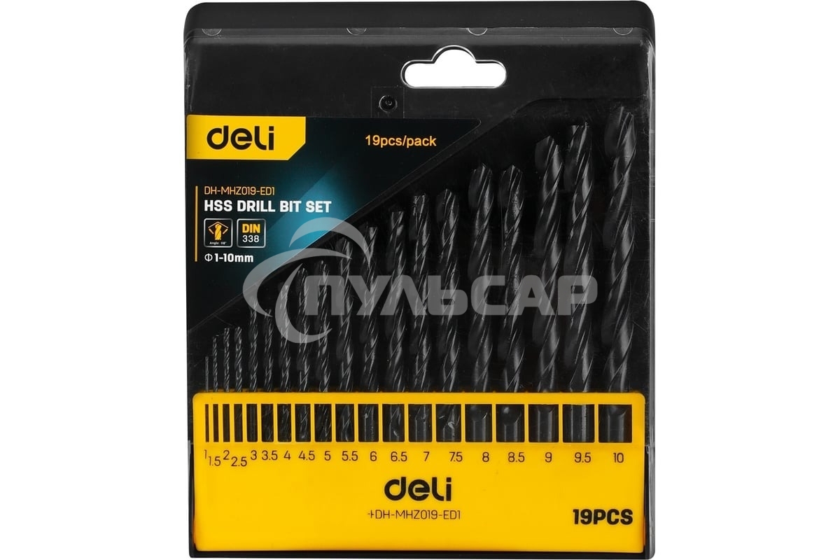 Набор ручного инструмента Deli Набор сверл по металлу HSS (1-10мм, 19 шт) Deli DH-MHZ019-ED1 пластиковый кейс