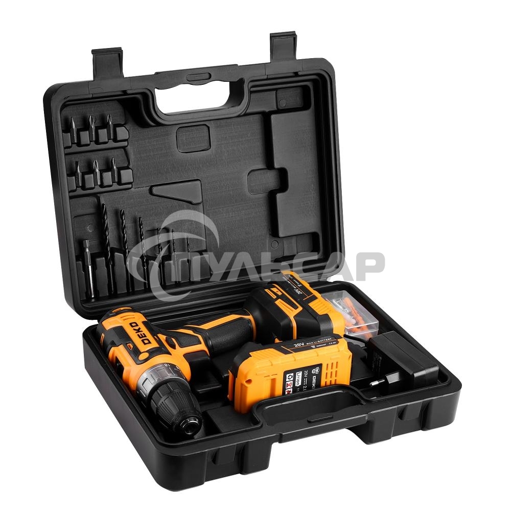 Дрель-шуруповерт Deko GCD20DU PRO, Аккумуляторная, 20В, 2 АКБ, Кейс в кейсе + набор 63 инструмента для дома
