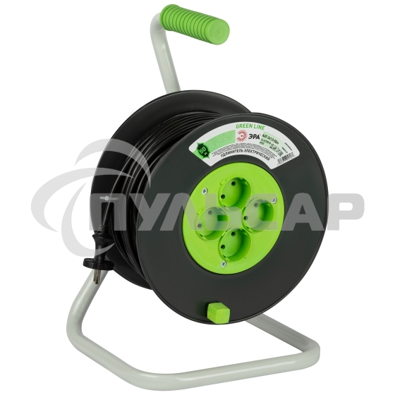 Удлинитель силовой ЭРА GREEN LINE KAT-2x1.5-50m Greenline на катушке пластик 4 розетки без заземления 50м ПВС 2x1.5мм2