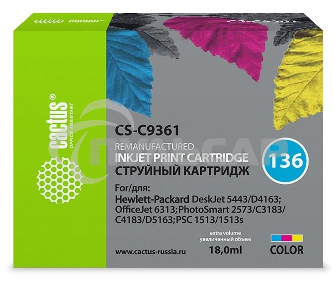 Картридж струйный Cactus CS-C9361 №136 трехцветный (18 мл.) для HP DJ 5443/D4163/DJ 6313/PS 2573/C3183/C4183/D5163/1513/1513s