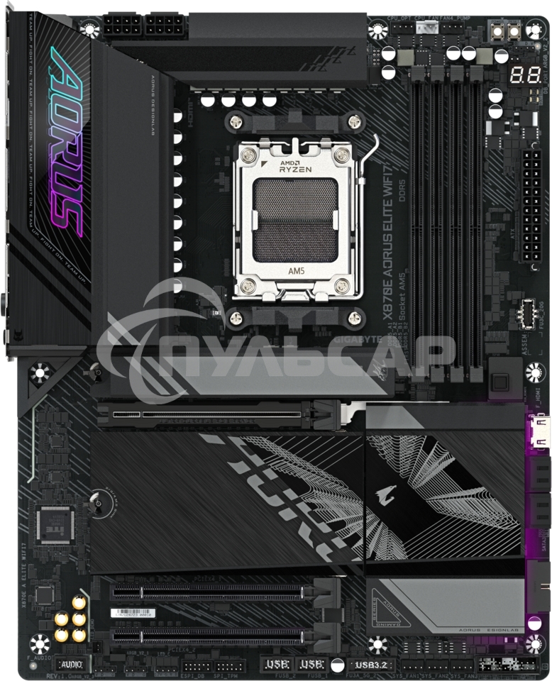 Материнская плата Gigabyte X870E AORUS ELITE WIFI7, AM5, AMD X870E, 4xDDR5, 4xSATA, 4xM.2, 1xPCI-E 5.0 x16, 1xPCI-E 4.0 x4, 1xPCI-E 3.0 x4, 1xHDMI, 1x 2.5Gb LAN, 4xUSB-A 3.2 Gen 1, 2xUSB-A 3.2 Gen 2, 4xUSB-A 2.0, 2xUSB-C 4.0, 2x3.5 мм, 7.1, ATX