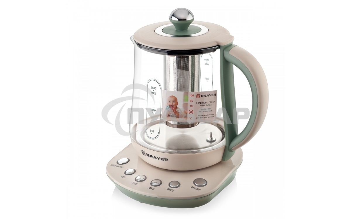 Чайник электрический BRAYER BR1015 2200 Вт,1,5 л, подст, 40-100 °С, завар.чая, стеклян