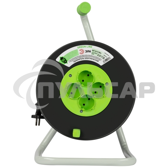Удлинитель силовой ЭРА GREEN LINE KAT-2x1.5-50m Greenline на катушке пластик 4 розетки без заземления 50м ПВС 2x1.5мм2