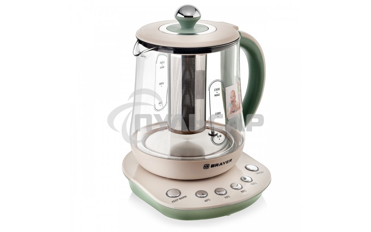 Чайник электрический BRAYER BR1015 2200 Вт,1,5 л, подст, 40-100 °С, завар.чая, стеклян