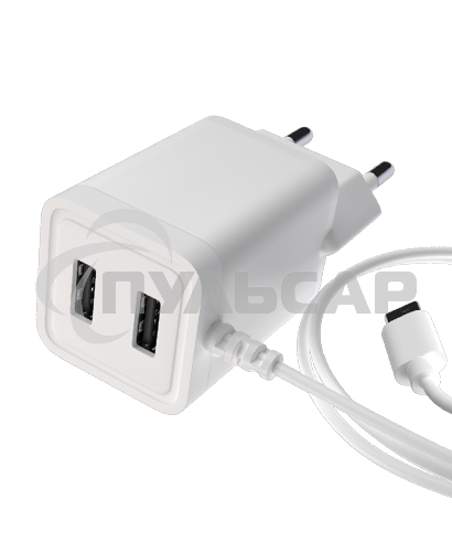 Сетевое зарядное устройство Maxvi A202M 2хUSB 2А 10W + литой кабель MicroUSB 1.2м, белый