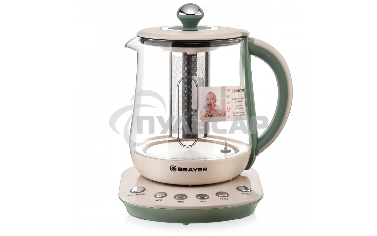 Чайник электрический BRAYER BR1015 2200 Вт,1,5 л, подст, 40-100 °С, завар.чая, стеклян