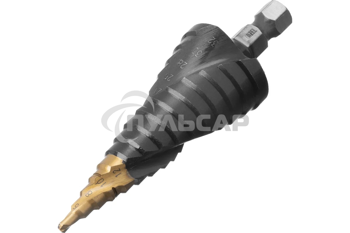 Сверло ступенчатое Denzel 4-6-8-10-12-14-16-18-20-22-24-26-28-30-32 мм, Р6М5, 6-гр. хвостовик 723606