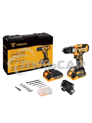 Дрель-шуруповерт Deko GCD20DU PRO, Аккумуляторная, 20В, 2 АКБ, Кейс в кейсе + набор 63 инструмента для дома