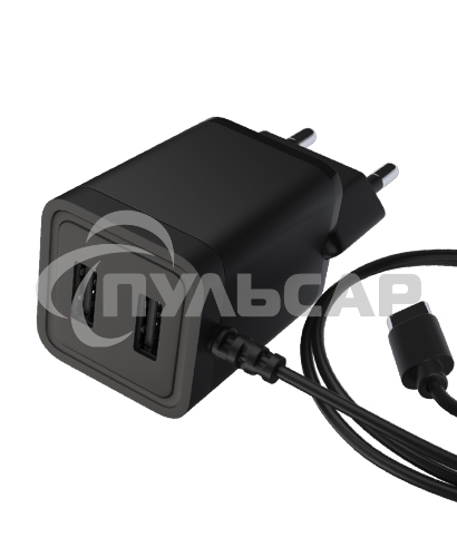 Сетевое зарядное устройство Maxvi A202T 2хUSB 2А 10W + литой кабель Type-C 1.2м, черный