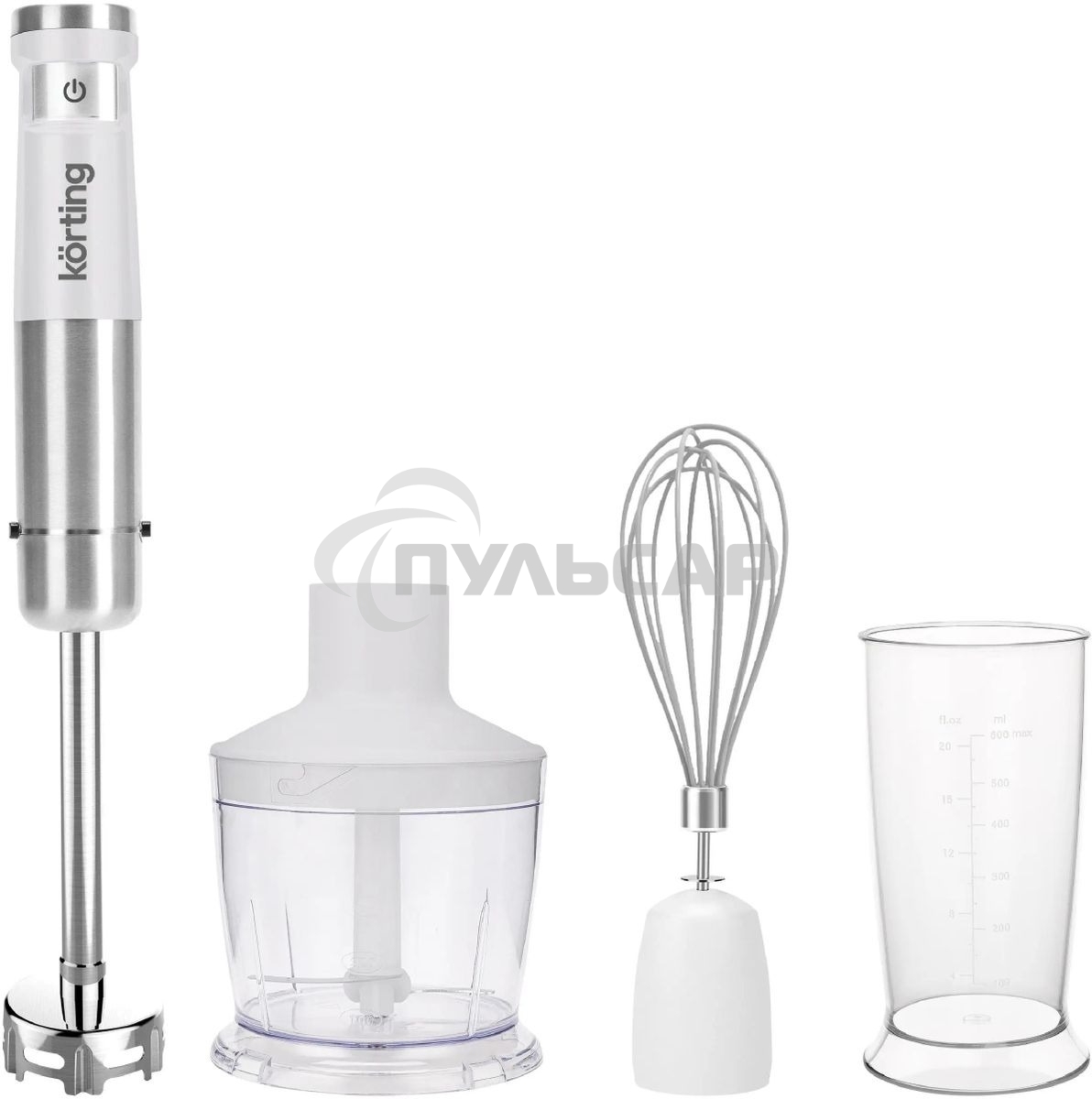 Погружной блендер KORTING KHB 0313 W, беспроводной, мощность 150 Вт, кнопочное управление, 3 насадки (блендер, измельчитель, миксер), 5 скоростей, объем чаши 500 мл, защита двигателя от перегрева/перегрузки, цвет белый