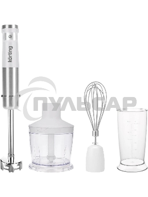 Погружной блендер KORTING KHB 0313 W, беспроводной, мощность 150 Вт, кнопочное управление, 3 насадки (блендер, измельчитель, миксер), 5 скоростей, объем чаши 500 мл, защита двигателя от перегрева/перегрузки, цвет белый