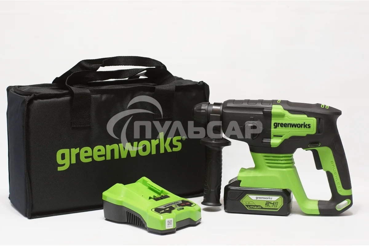 Перфоратор аккумуляторный бесщеточный GreenWorks GD24SDS2 2 ДЖ, 24V, c 1хАКБ 4 Ач и ЗУ в сумке (3803007UB)