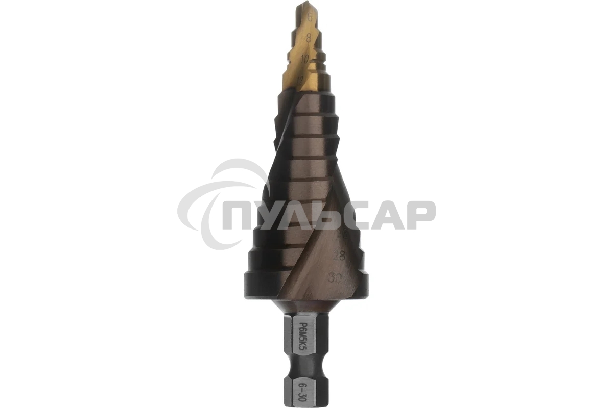 Сверло ступенчатое Denzel 6-8-10-12-14-16-18-20-22-24-26-28-30мм, Р6М5К5, 6-гр. хвостовик 723614