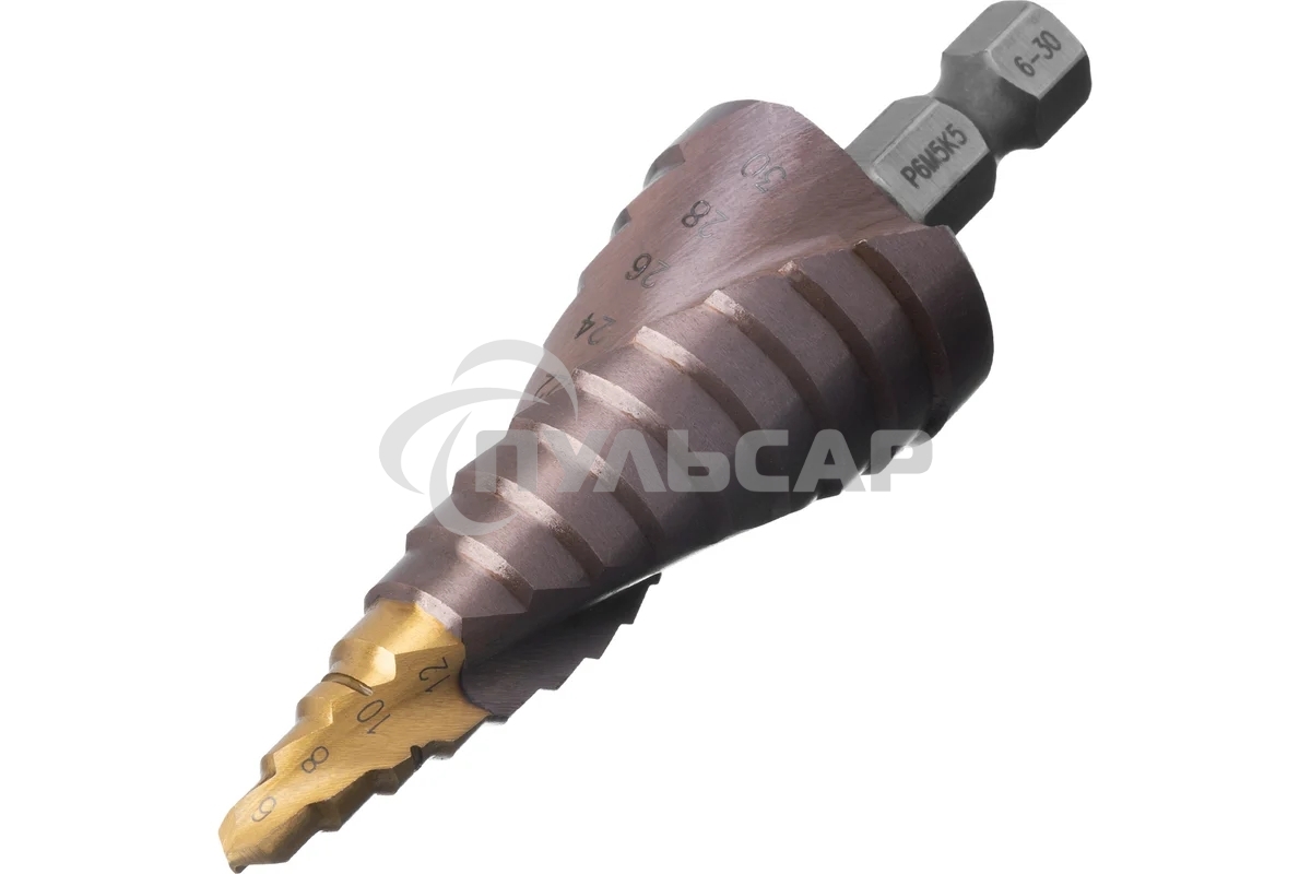 Сверло ступенчатое Denzel 6-8-10-12-14-16-18-20-22-24-26-28-30мм, Р6М5К5, 6-гр. хвостовик 723614