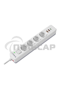 Удлинитель с сетевым фильтром Defender DFS 141, белый, 4розетки, USB+TypeC, 1.5 м.