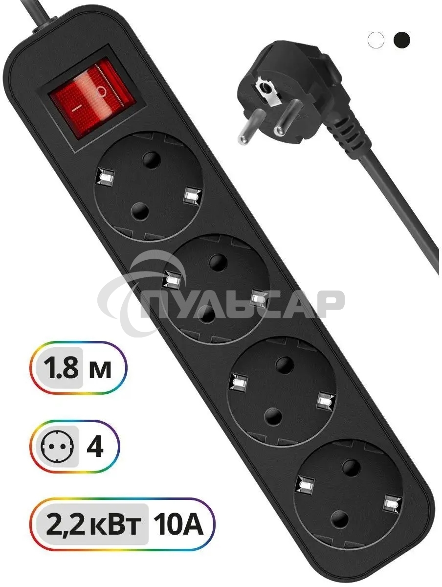 Удлинитель Defender G418 черный, 1.8 м, EURO, 4 розетки, 2200 Вт