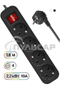 Удлинитель Defender G418 черный, 1.8 м, EURO, 4 розетки, 2200 Вт
