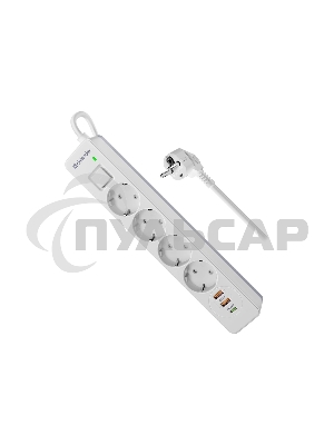 Удлинитель с сетевым фильтром Defender DFS 141, белый, 4розетки, USB+TypeC, 1.5 м.