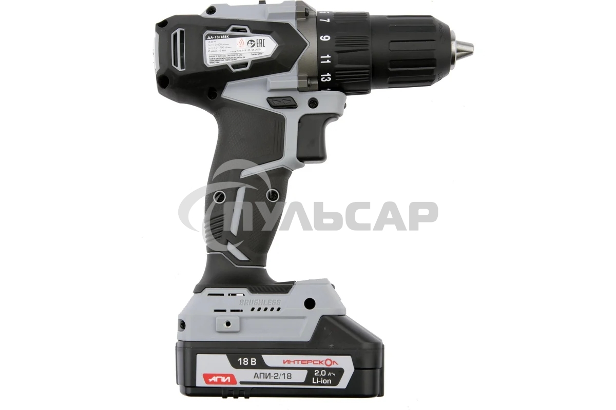 Дрель-шуруповерт ИНТЕРСКОЛ ДА-13/18ВК, Аккумуляторный, 18В, 2 АКБ, Кейс