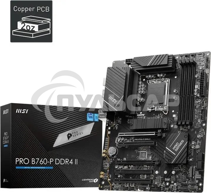 Материнская плата MSI PRO B760-P II, LGA 1700, Intel B760, 4xDDR5, 4xSATA, 2xM.2, 1xPCI-E 4.0 x16, 1xPCI-E 4.0 x4, 3xPCI-E 3.0 x1, 1xHDMI, 1xDP, 1xRJ45 2.5Gb, 1xUSB-C 3.2 Gen 2, 2xUSB-A 3.2 Gen 1, 2xUSB-A 2.0, 5x3.5мм, TOSLINK, 7.1, Standard-ATX