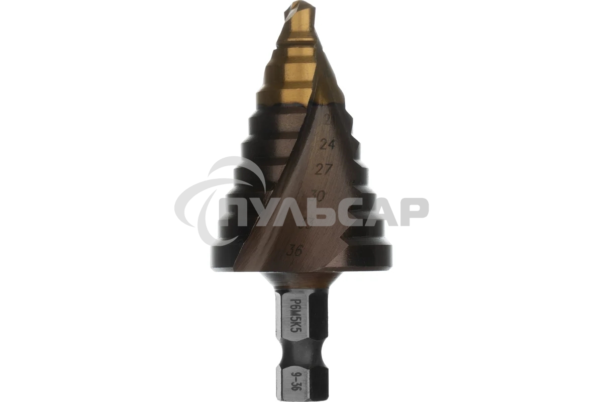 Сверло ступенчатое Denzel 9-12-15-18-21-24-27-30-33-36 мм, Р6М5К5, 6-гр. хвостовик 723615