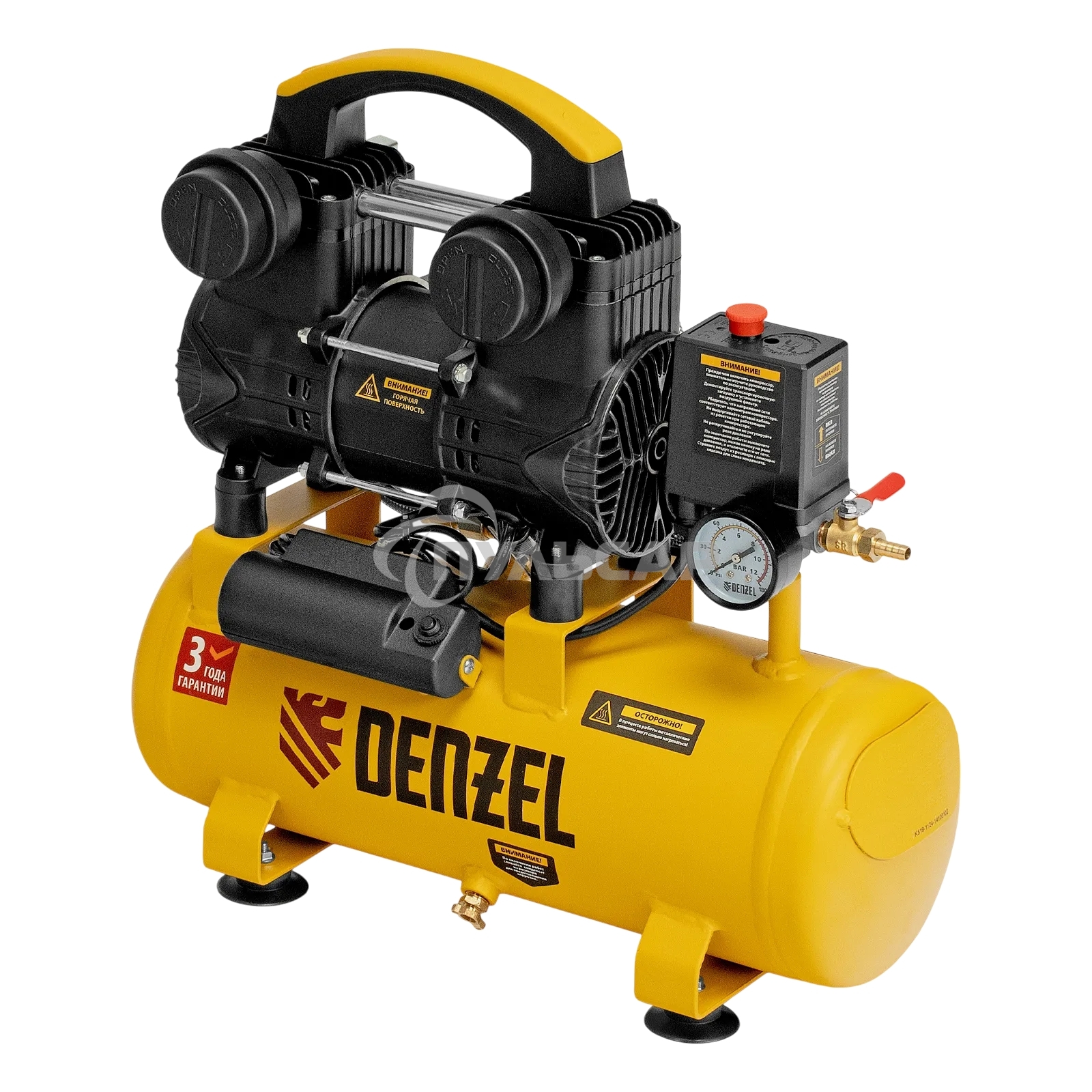 Компрессор безмасляный малошумный Denzel DLP-950/10, 950 Вт,10 л, 2850 об/мин, 170 л/мин