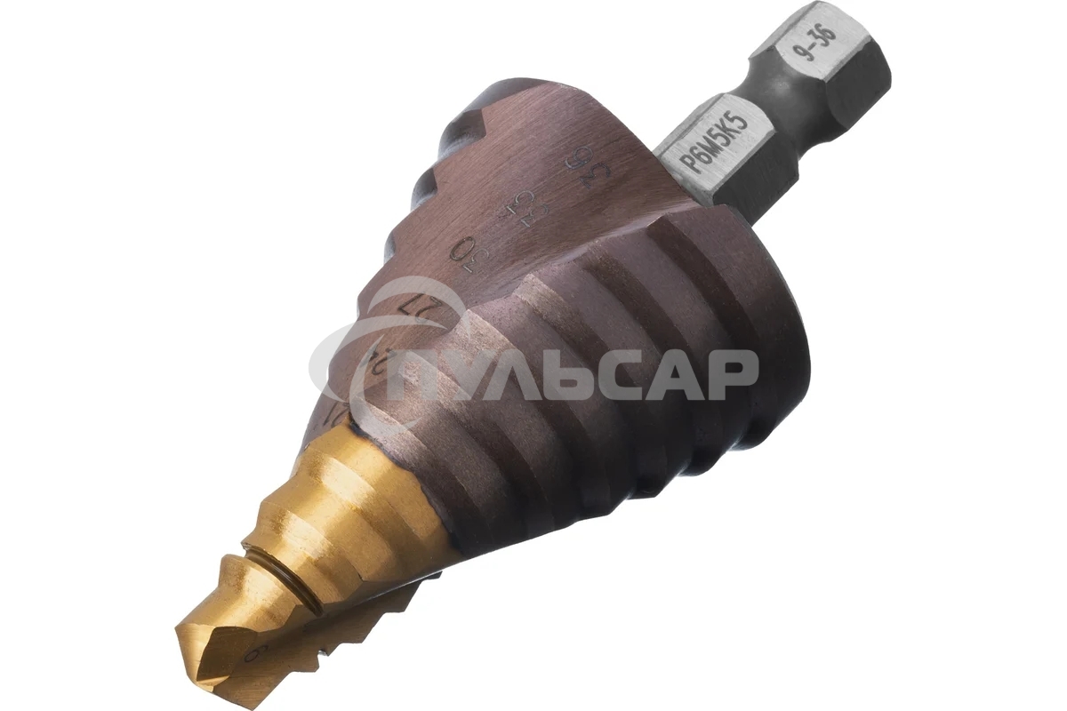 Сверло ступенчатое Denzel 9-12-15-18-21-24-27-30-33-36 мм, Р6М5К5, 6-гр. хвостовик 723615