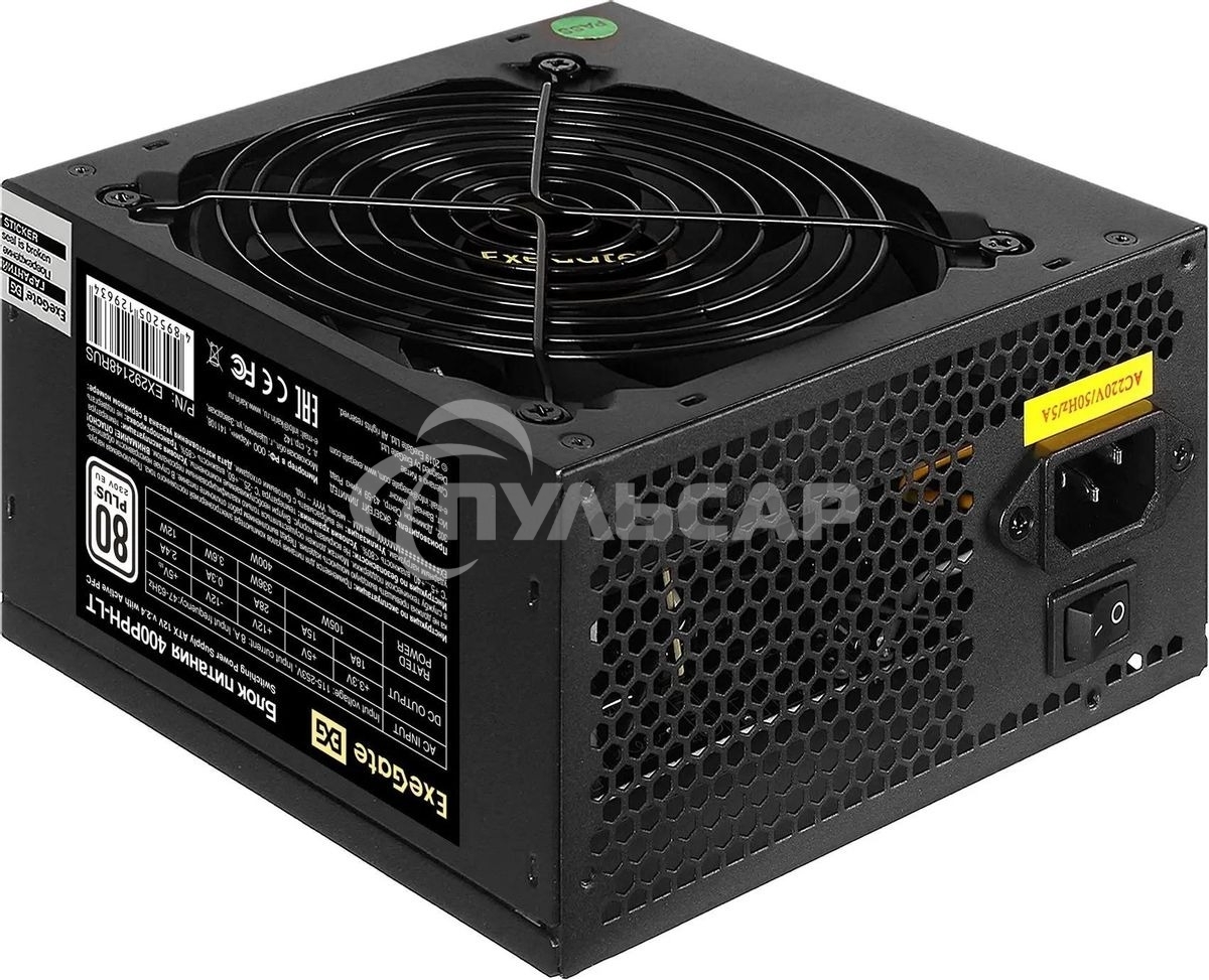 Блок питания ExeGate 400PPH-LT-OEM, 400W, 80 PLUS, (ATX, APFC, SC, КПД 82% (80 PLUS), 12cm fan, 24pin, (4+4)pin, PCI-E, 3xSATA, 3xIDE, черный, кабель 220V 1,8м с защитой от выдергивания, RTL)