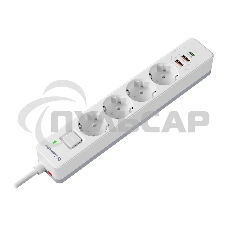 Удлинитель с сетевым фильтром Defender DFS 143, белый, 4розетки, USB+TypeC, 3 м.