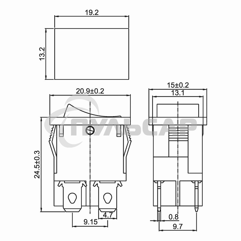 Выключатель клавишный 250V 6А (4с) ON-OFF зеленый с подсветкой Mini Rexant