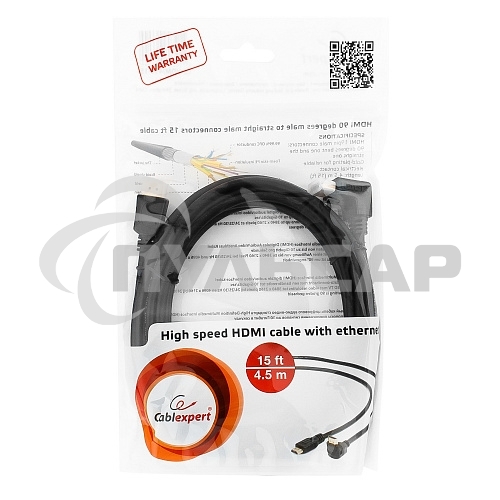 Кабель Cablexpert HDMI CC-HDMI490-15, 19M/19M, v2.0, медь, позол.разъемы, экран, угловой, 4.5м, черный, пакет