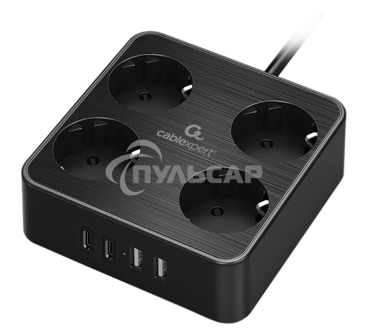 Сетевой фильтр Cablexpert Plate, PLT-4-C2U2-B-2, 4р, 10А, 2xType-C PD, 20Вт, 2xUSB, 2.4A, 2м, ур.защиты 4+, черный, коробка
