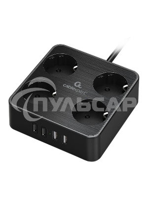 Сетевой фильтр Cablexpert Plate, PLT-4-C2U2-B-3, 4р, 10А, 2xType-C PD, 20Вт, 2xUSB, 2.4A, 3м, ур.защиты 4+, черный, коробка