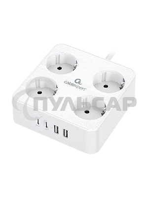 Сетевой фильтр Cablexpert Plate, PLT-4-C2U2-W-2, 4р, 10А, 2xType-C PD, 20Вт, 2xUSB, 2.4A, 2м, ур.защиты 4+, белый, коробка