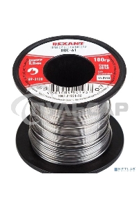 Припой без канифоли ПОС-61 Rexant, 100 г, Ø0,8 мм, (олово 61%, свинец 39%), катушка