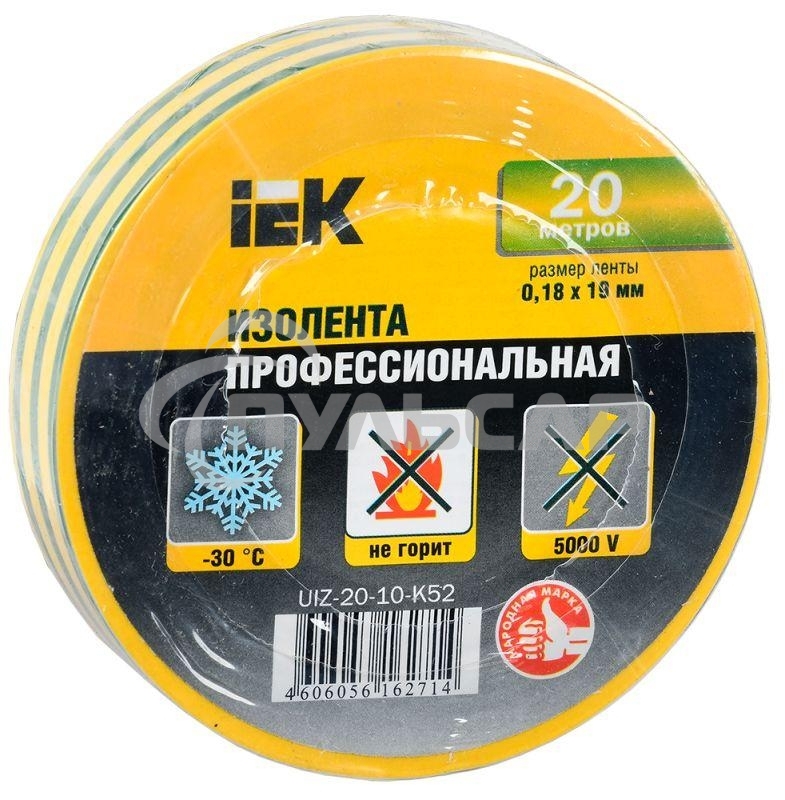 Изолента Iek UIZ-20-10-K52 0,18х19 мм желто-зеленая 20 метров ИЭК