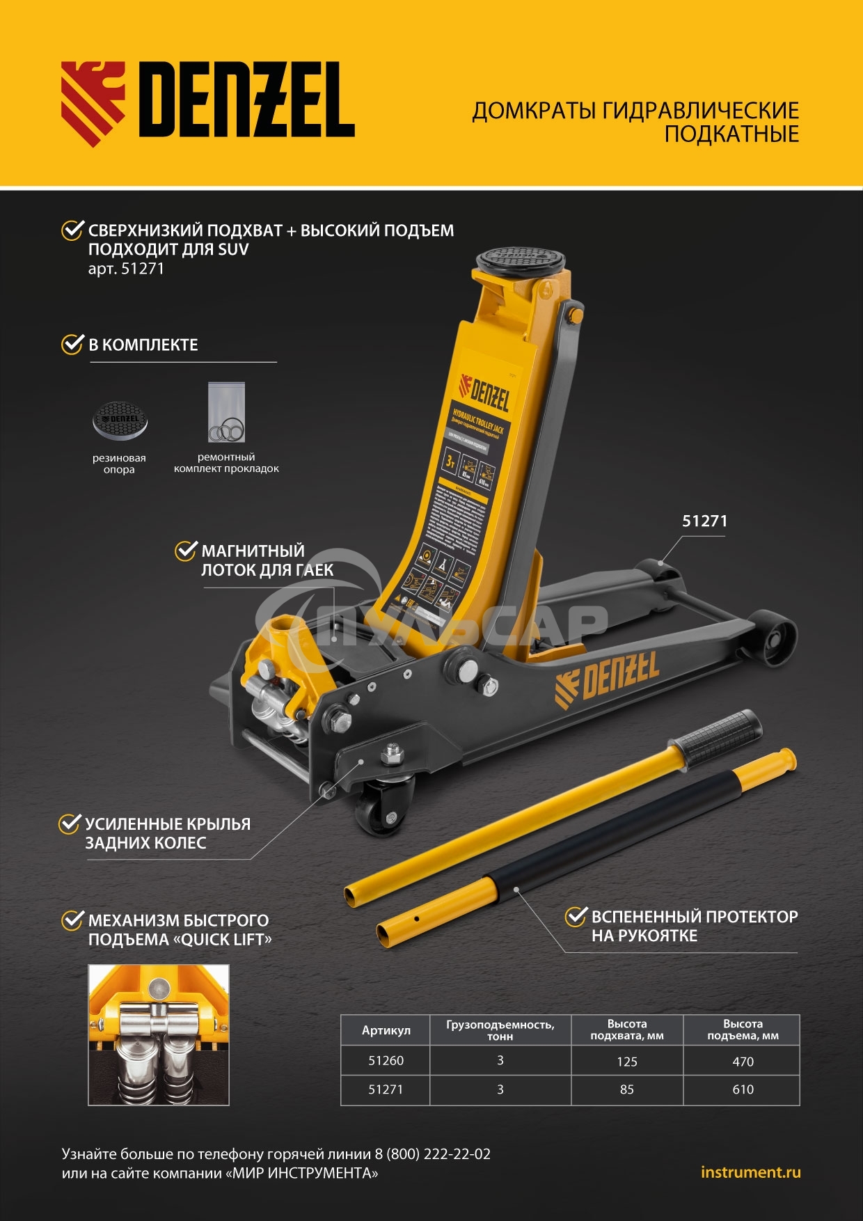Домкрат гидравлический подкатной Denzel 3 т, 125-470 мм, быстрый подъем, проф. 51260